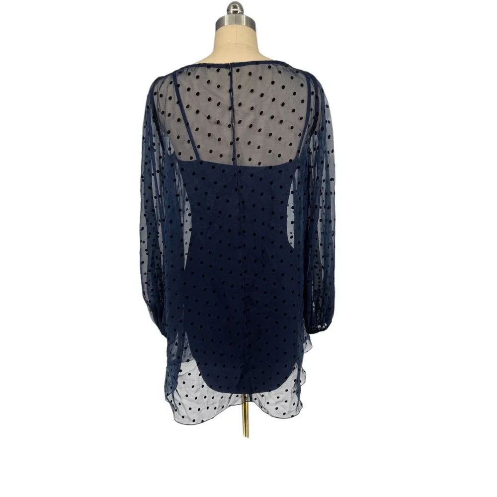 New! Amanda Uprichard Navy Sheer Polka Dot‎ Mini Dress Long Sleeve Sz Small